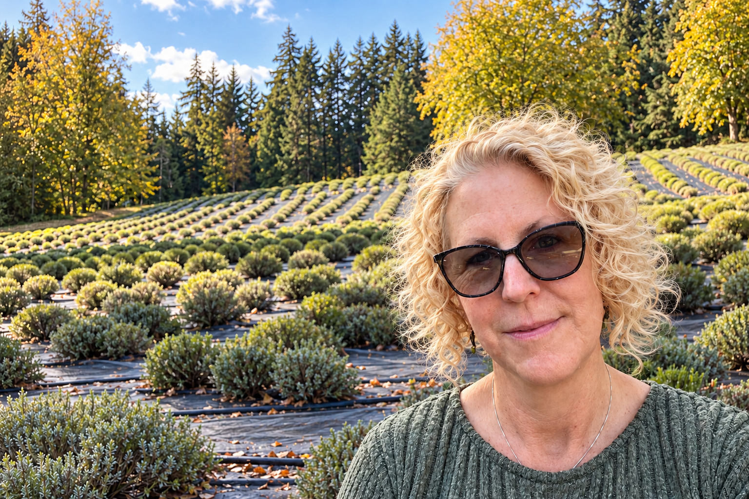 Tudi at Astrid's Lavender Farm, curly hair and sunglasses, rows of lavender behind her