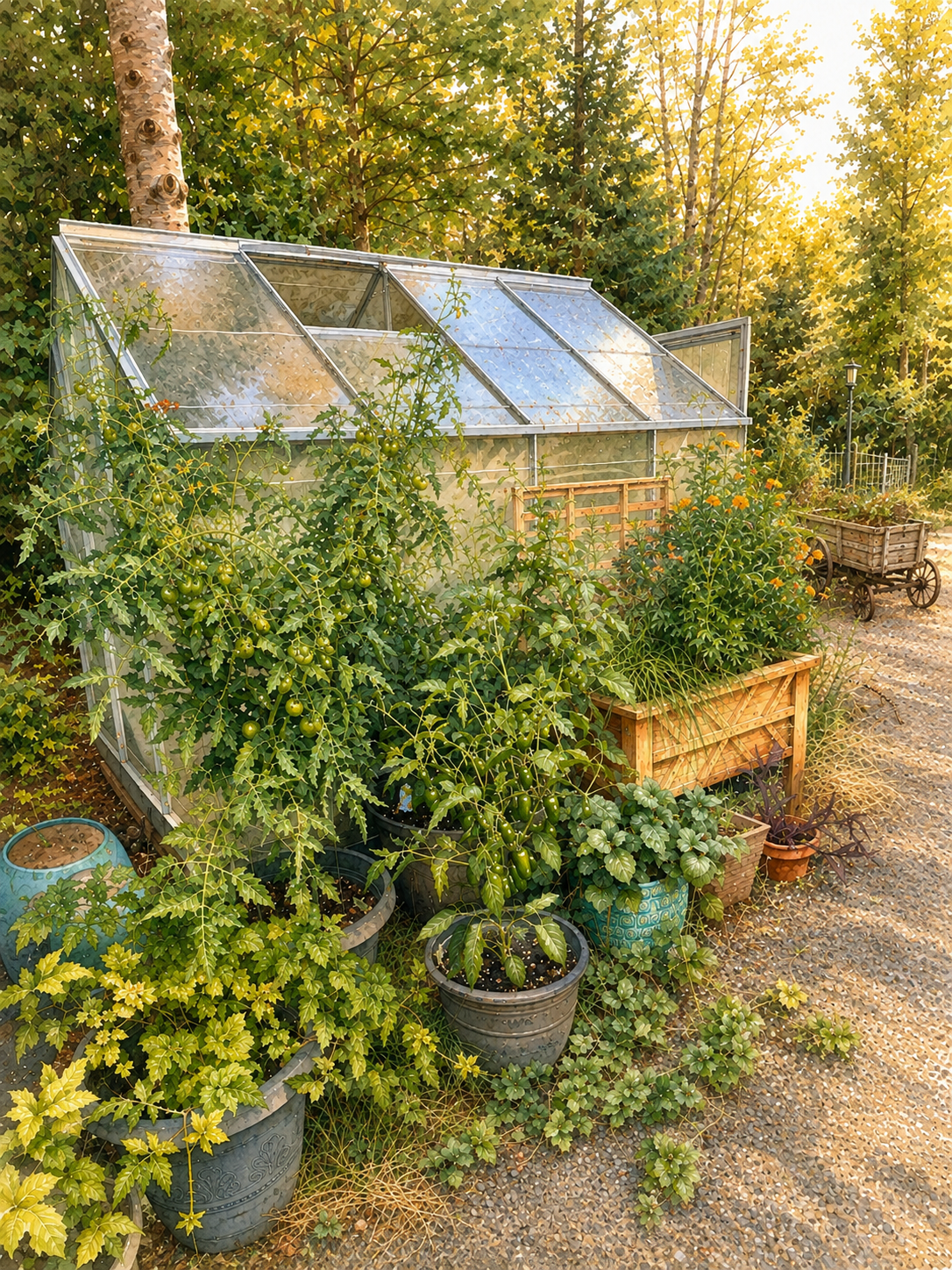 A painterly watercolor illustration of a lush summer vegetable garden with climbing vines and golden afternoon light